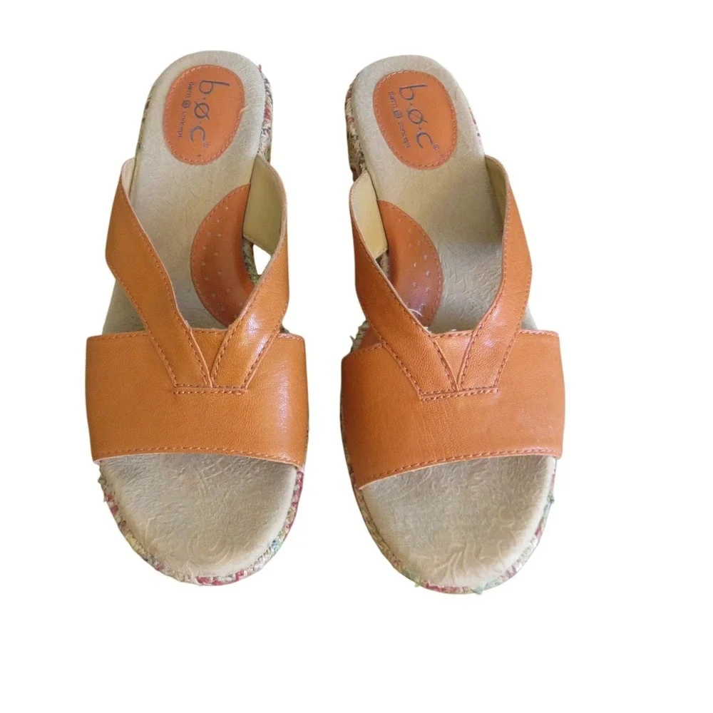b.o.c. Born‎ Concept Orange Leather Chevron Woven Raffia Wedge Sandals 9 C24508